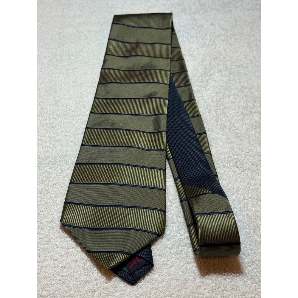 Tommy Hilfiger Mens Silk Tie Olive Green Navy Blue Striped Made in USA WPL 2831